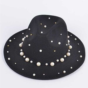 Wide Brim Fedora Hat With Pearls and Metal Accents